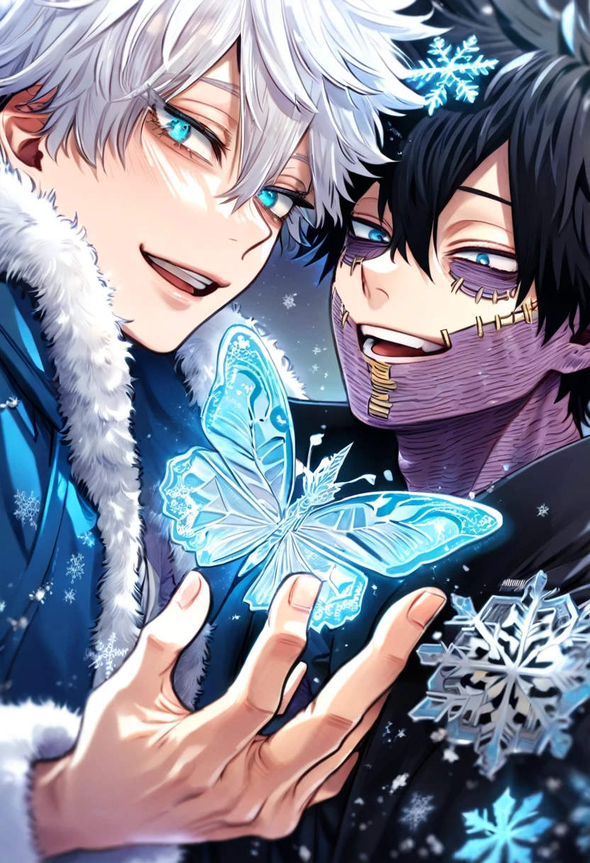 absurdres, highres, ultra detailed, HDR, master piece, best quality, extremely detailed face, delicated features, Dabi, black hair, expressive turquoise eyes, Boku No Hero Academia, Himura Satoru, white hair, expressive blue eyes, white eyelashes, two sexy men together, yaoi, gay couple, handsome, smiling, blue jacket with fur, black coat, fantasy, magical, ice, blue fire, ice butterflies, snowflakes, starry night