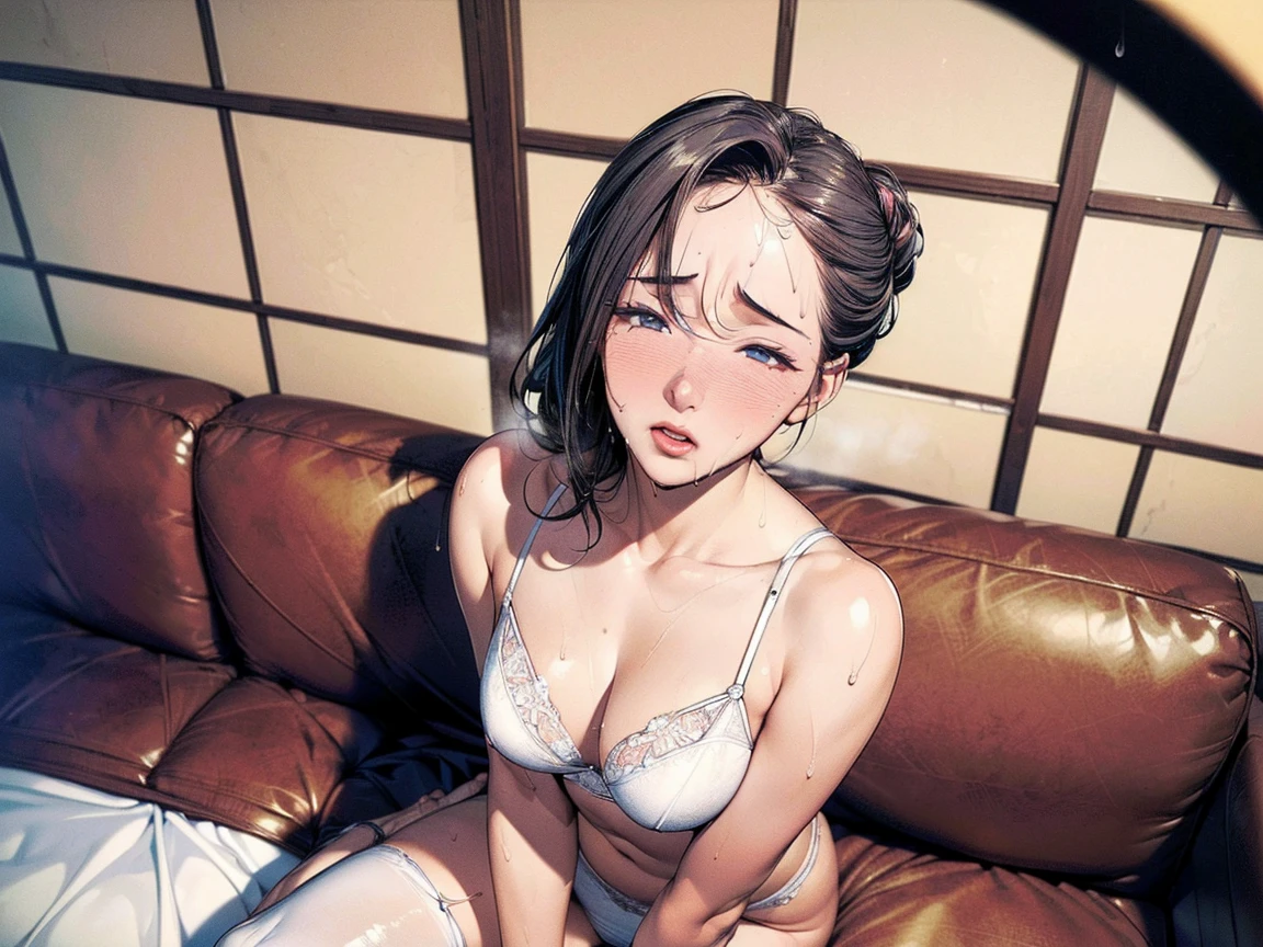 ((the most beautiful woman in the world:1.76)),(masterpiece:1.66),(FHD:1.11),(16K:1.12),(best quality:1.14),high quality,(ultra detailed:1.15),hyper detailed,insanely detailed, exquisite,beautiful,absurdres,1 woman,(house wife:1.5),(40 years old:1.3),(middle-aged:1.49),japanese woman,((the most beautiful woman in the world)),(slender:1.55),beautiful,medium skin,shiny skin,detailed skin,detailed face,beautiful breasts,small breasts,side part, curly hair, half updo,((White panty, white bra, lace)),Dining,(sit to sofa:1.2),(shy:1.76),(from above:1.5),(looking up:1.4),(looking at viewer:1.33),(looking at viewer:1.33),(lewdness:1.54),((sweat:1.47)),(random:1.64),open your mouth,(to talk)