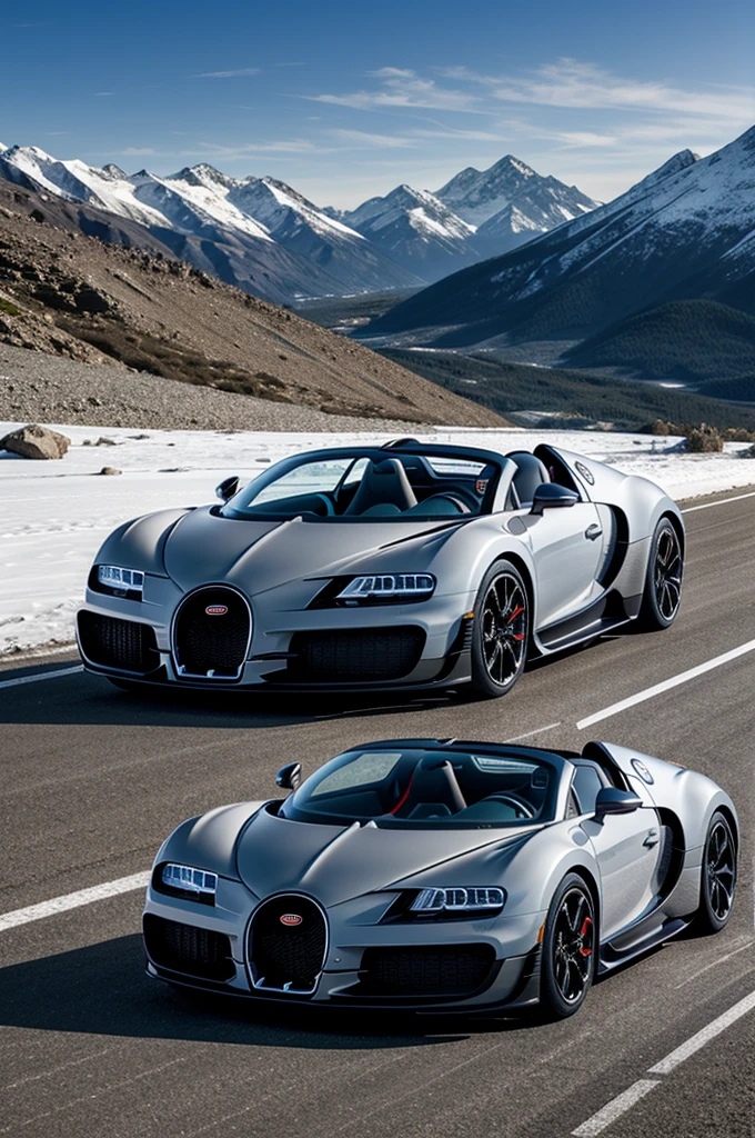 bugatti mistral roadster 2023 gray color with snowy mountains background