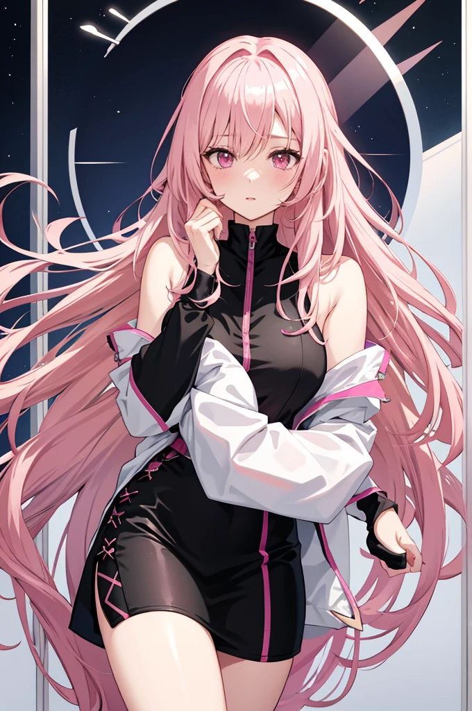 solo, 1girl, mature anime female, light pink hair, long hair, dark pink eyes, subtle blush, love goddess
