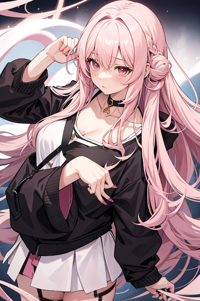 solo, 1girl, mature anime female, light pink hair, long hair, dark pink eyes, subtle blush, love goddess