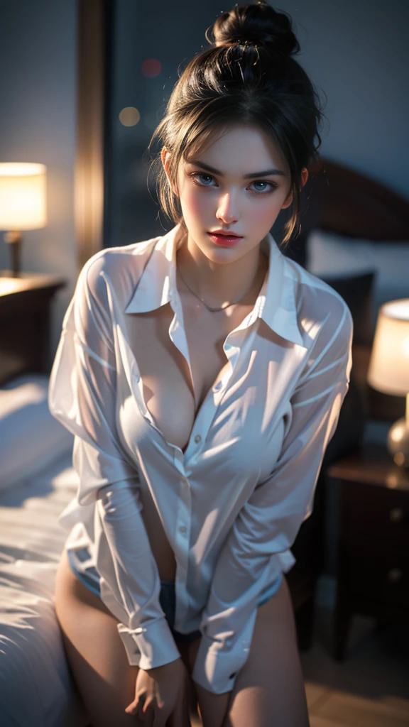 21-year-old, Height 160cm, Russian race, European race, slim, huge breasts, black hair, hair bun, short hair, hot model, erotic, sexual gaze, hot sexy model sexy hot face, A close-up shot, sharp focus, loose shirt, long shirt, baggy shirt, legs, high detail face, high detail skin, 8k, HDR, high resolution, photo-realistic, cinematic lighting, depth of field, bokeh, rim lighting, backlit, cool colors, night, bedroom background, ((vivid light, dynamic lighting, realistic, super realistic, realism))
