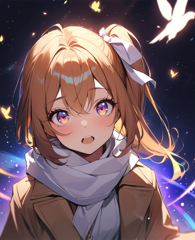 1 Girl, In the rainbow space, Gorgeous, (Brown side ponytail, Colored eyes, White Ribbon) teenager, , Open your mouth, Reaching out to a bird, date, Face Focus, masterpiece, best quality, firefly, Light Particles, Solitary, Pixif, Depth of Field, Composition, Optimal lighting,scarf，Trench coat，impactful feeling，crazy，Eyes wide open，flat chest，