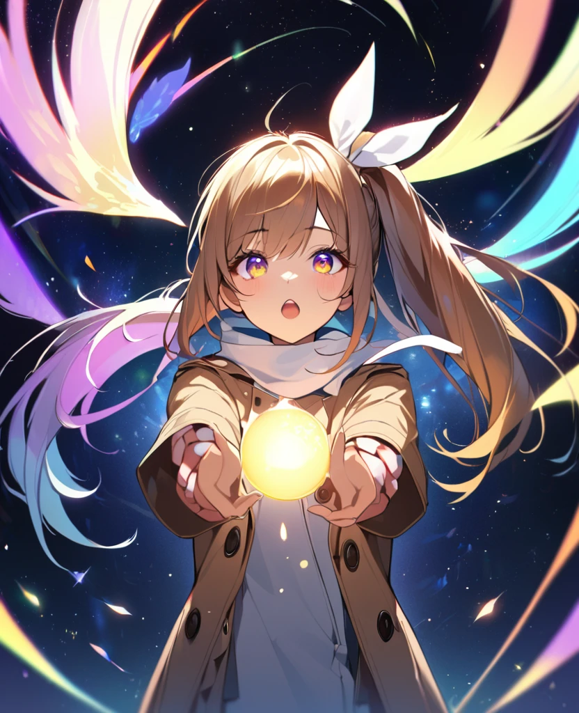 1 Girl, In the rainbow space, Gorgeous, (Brown side ponytail, Colored eyes, White Ribbon) ager, , Open your mouth, Reaching out to a bird, date, Face Focus, masterpiece, best quality, firefly, Light Particles, Solitary, Pixif, Depth of Field, Composition, Optimal lighting,scarf,Trench coat,impactful feeling,crazy,Eyes wide open,flat chest,