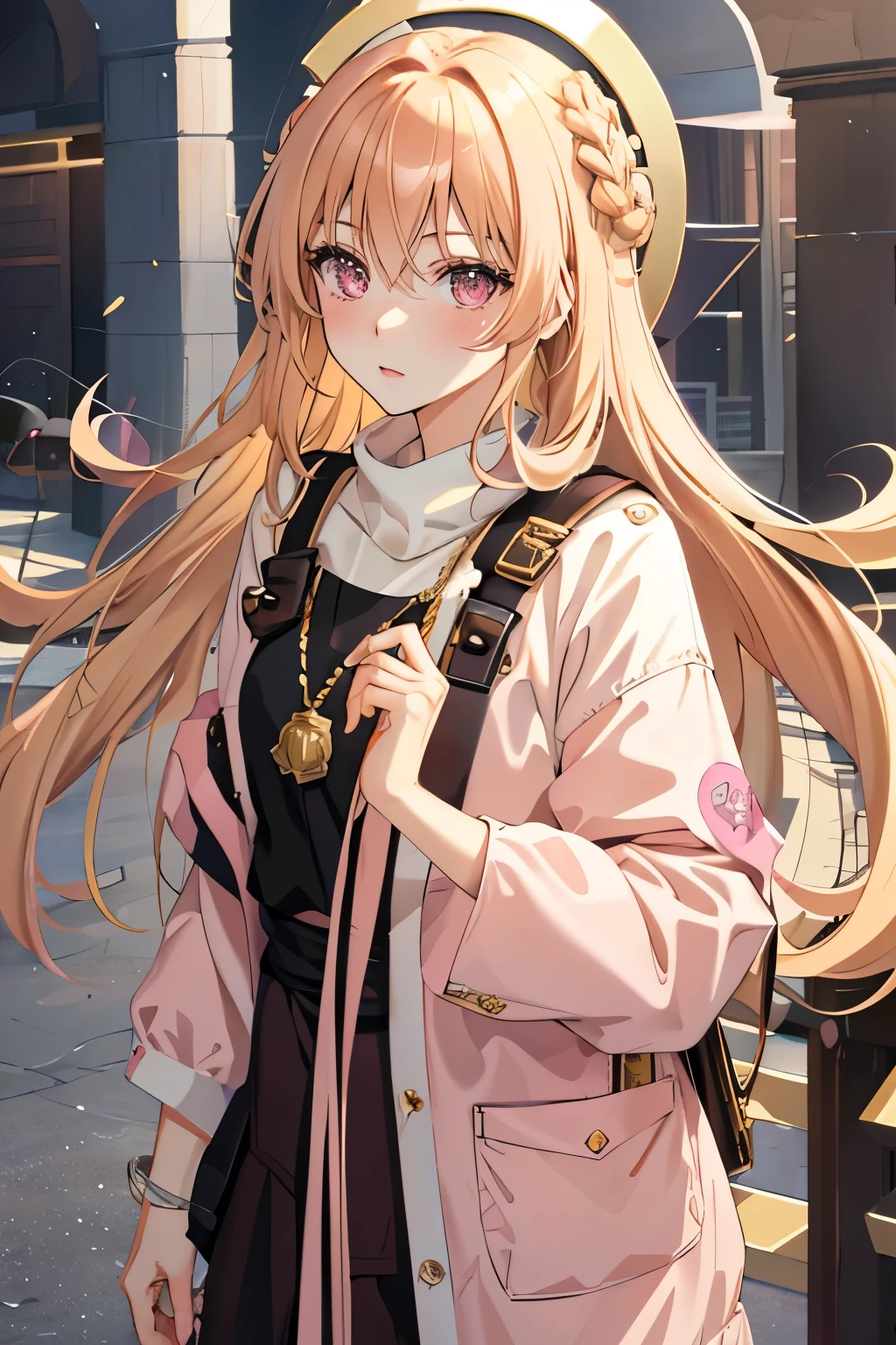 solo, 1girl, mature anime female, light peach hair, long hair, dark pink eyes, subtle blush, love goddess