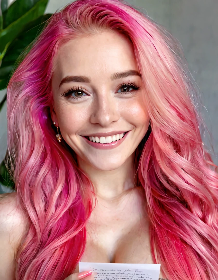 beautiful woman  with long pink hair, ultra-detailed, masterpiece, highest quality, love letter, POV,smile, blush
