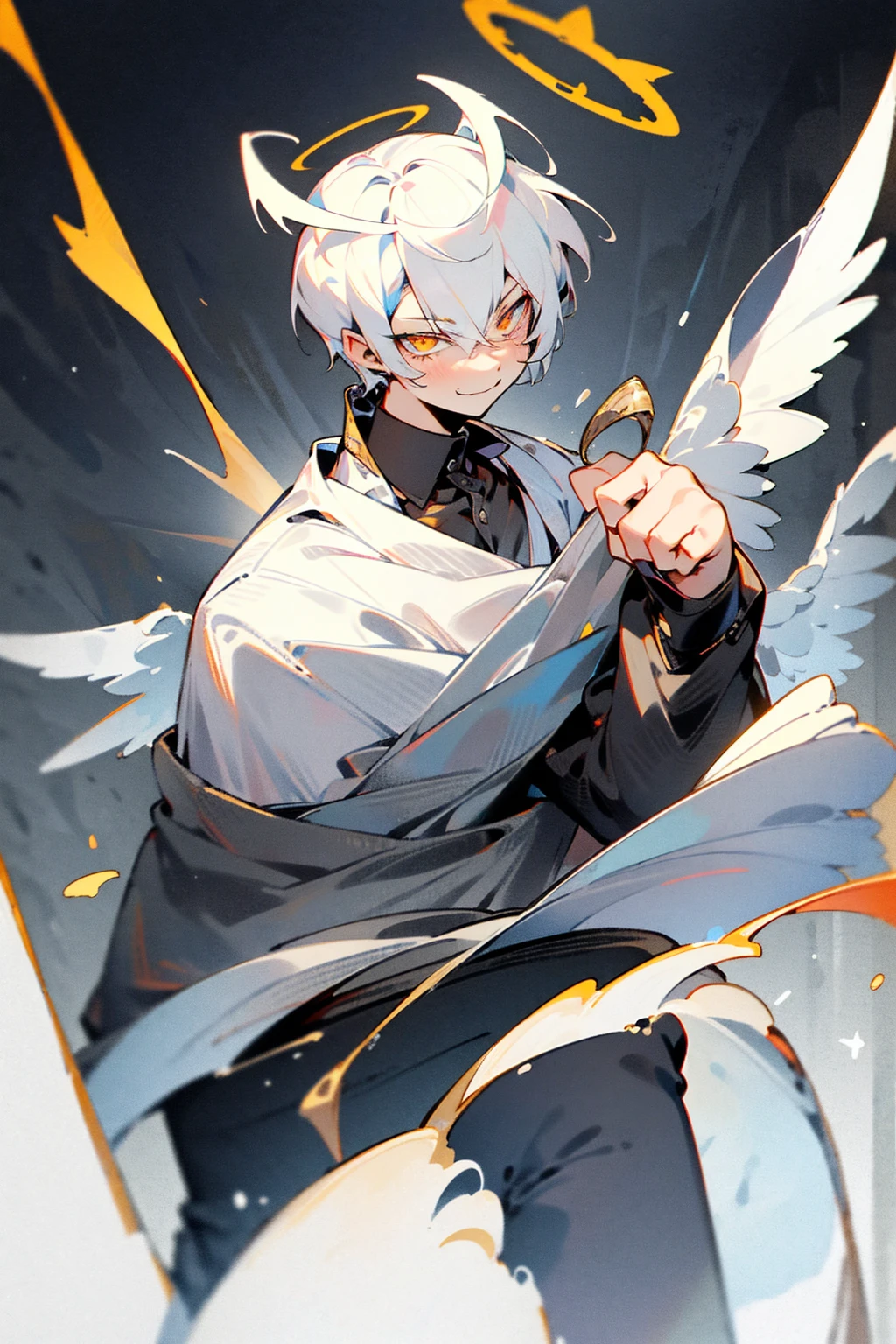 1male, Adult, Two Tone Hair, Black and White Hair, Short Hair, Undercut Hair, Black and White Horns, Angel Halo, Black and White Wings, Golden Eyes, Smirk, Black and White Flannel Shirt, Black Ripped Jeans