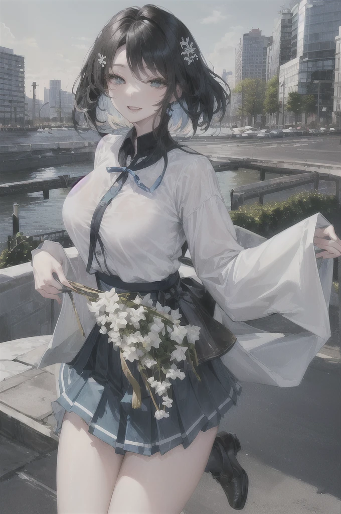 Official Art, Masterpiece, clear focus  (beautiful beautiful cute korean woman:1.3), (beautiful cute korean:1.3), korean beauty, Hair, delicate and beautiful eyes and face., realist, ultra detailed, beautiful girl, blue sky, bright white particle, (side lighting:1.2), sunlight, White cloud, detailed clouds, slender, Beautiful very large breasts and very large hips., smile with your teeth, ((smile with your eyes, open both eyes)), scenery, Short straight hair, sexy facial expression, building, (urban landscape:1.7), dynamic hair, Short straight hair, Detailed black hair, bright green eyes, (blue pleated shirts + White skirt), long white socks, pale skin, hair ornament, epic scenery,