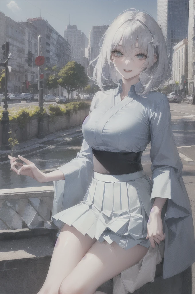 (8k, CRU photo, work of art:1.3), (realisitic, photo-realisitic:1.37), (natta), (looking ahead at viewer:1.331), (White hair), posando, Tokyo street, nattacityscape, cyberpunk city, smooth light, 1 girl, Extremely beautiful face, Bustness, put your hands down, Random hairstyled, Random Expression, eyes large, lower abdomen, (manga curta .JK_chemise), JK_styled, (dark blue JK_overskirt), (bow JK_necktie), mix4., best qualityer