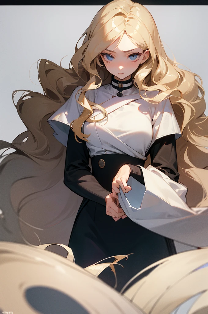 (masterpiece), best quality, expressive eyes, perfect face, blonde, femme, cold hearted, fem. soft colored clothing modern attire, mean, anime, mute, rotted personality, long wavy hair, adult, older woman, clean cut, idol, polished, very long and big hair, stunning,