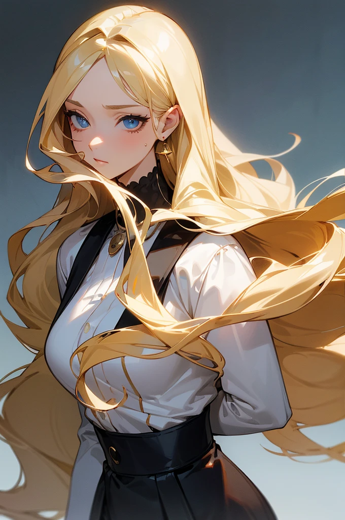 (masterpiece), best quality, expressive eyes, perfect face, blonde, femme, cold hearted, fem. soft colored clothing modern attire, mean, anime, mute, rotted personality, long wavy hair, adult, older woman, clean cut, idol, polished, very long and big hair, stunning,