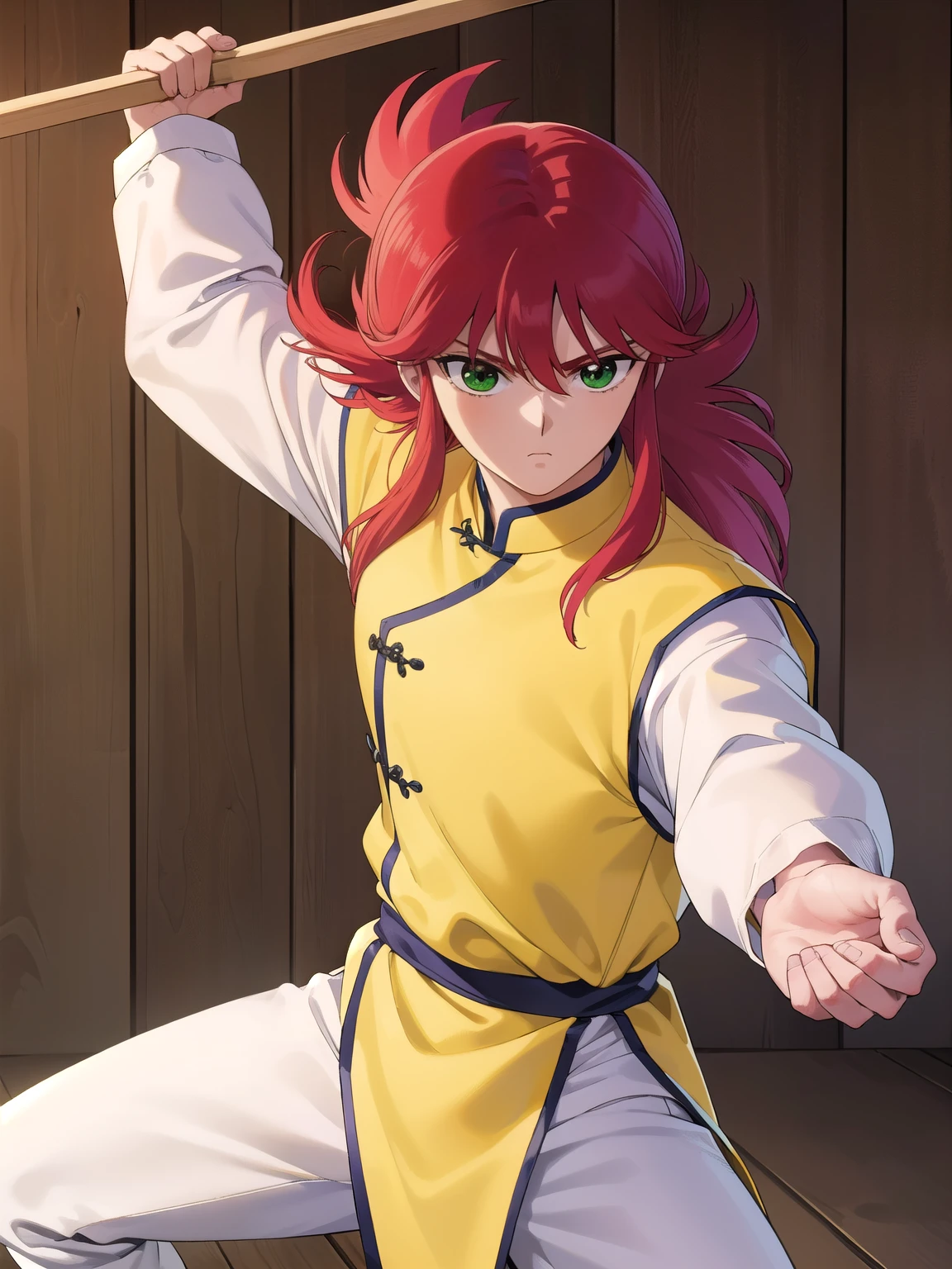 kurama, kurama, long hair, red hair, bangs, (green eyes:1.5), (retro artstyle:1.5), 1990s \(style\),
BREAK long sleeves, pants, chinese clothes, white pants, (yellow shirt:1.5), (white sleeves:1.5), (pelvic curtain:1.2), sash, sleeveless shirt, (((wood background)))
BREAK looking at viewer, cowboy shot, (((martial art))),
BREAK (masterpiece:1.2), best quality, high resolution, unity 8k wallpaper, (illustration:0.8), (beautiful detailed eyes:1.6), extremely detailed face, perfect lighting, extremely detailed CG, (perfect hands, perfect anatomy),