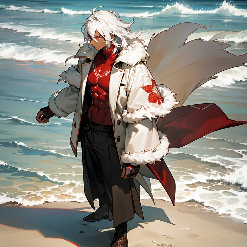 1male, young adult, dark skin, finely detailed crimson eyes, wild medium hair, seashell white hair color, long sleeve turtleneck sweater, oversized fur coat, standing on coast, day time, beach, somber expression, muscular, flowers, tattoos