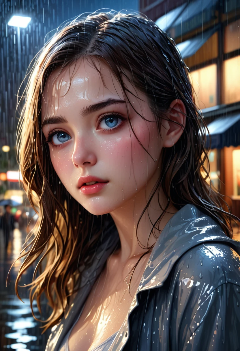 one girl soaked in the rain, skin reflected by the light of the building, night,(((masterpiece))), (((best quality))), ((ultra-detailed)), (illustration), (detailed light),((an extremely delicate and beautiful)),(beautiful detailed eyes),