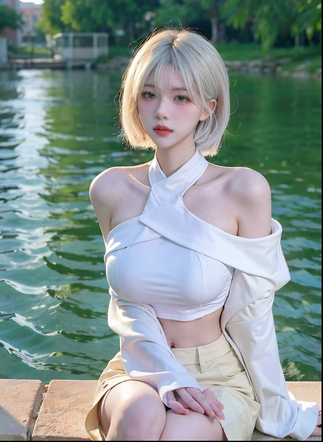 Beautiful woman with perfect figure:1.4,Swimming background,Desert Background,Ultra-high resolution,Seductive laughter,wear glasses,White legs,(lifelike:1.4),Layered Hairstyle,White皮肤,Black mini pleated skirt,whole body,Very delicate face and skin texture,Double eyelids,Skin Whitening,Long hair,White hair,White,