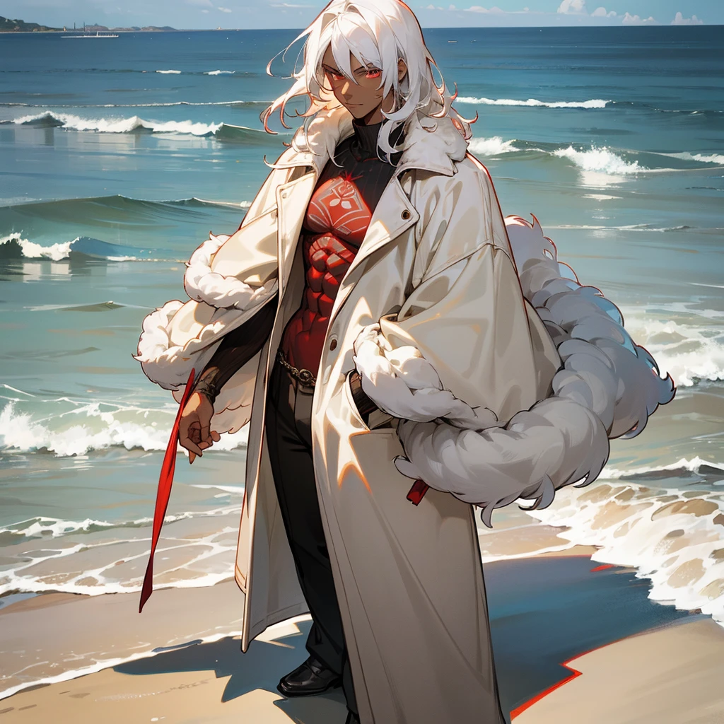 1male, young adult, dark skin, finely detailed crimson eyes, wild medium hair, seashell white hair color, long sleeve turtleneck sweater, oversized fur coat, standing on coast, day time, beach, somber expression, muscular, flowers, tattoos