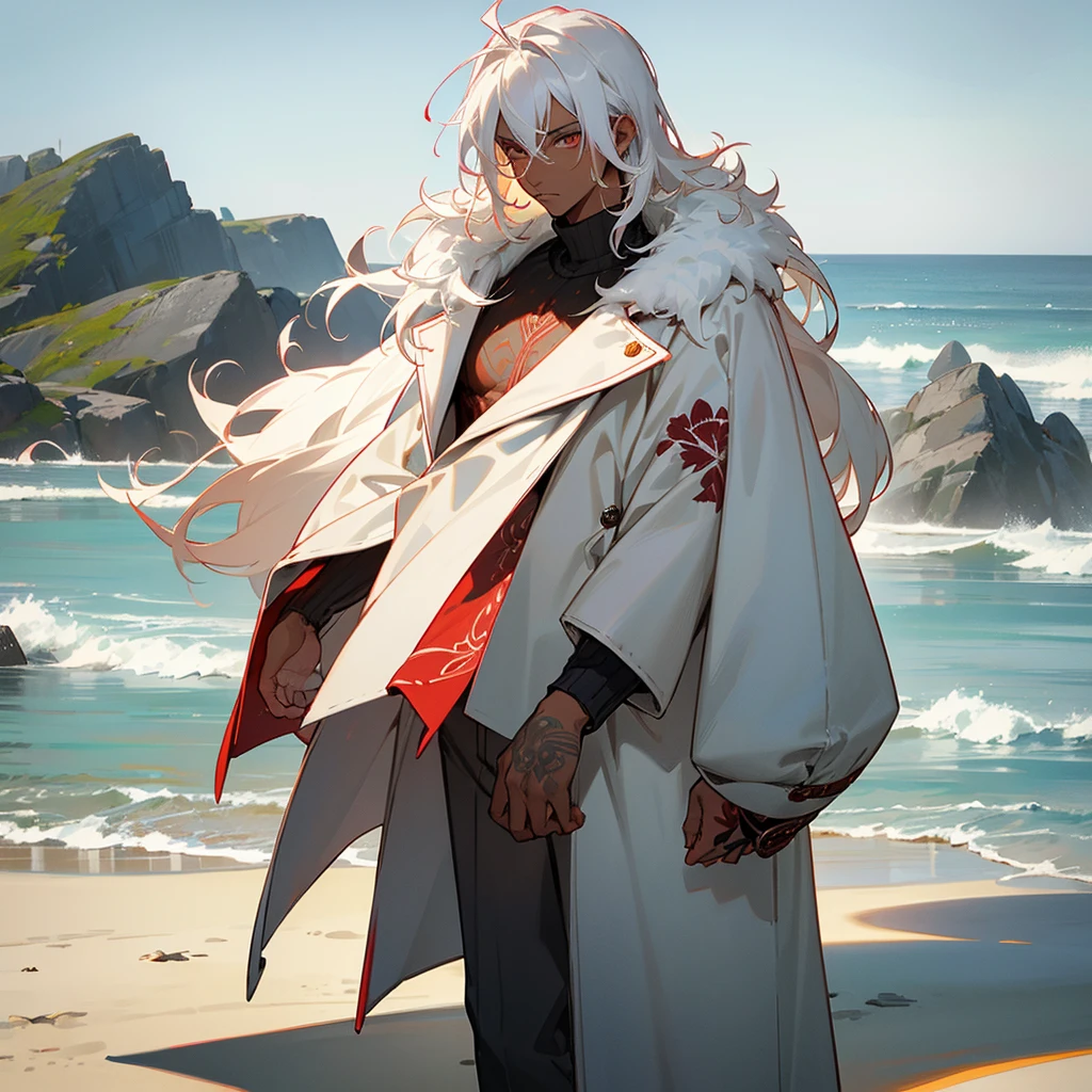 1male, young adult, dark skin, finely detailed crimson eyes, wild medium hair, seashell white hair color, long sleeve turtleneck sweater, oversized fur coat, standing on coast, day time, beach, somber expression, muscular, flowers, tattoos