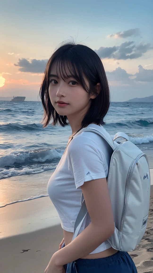 Highest quality, masterpiece, Ultra-high resolution, (Realistic:1.3), RAW Photos, (Nature landscape photography), (Majestic Ocean, Wave), (A very wide beach), (sunset), (One girl), (Upper Body), (20-year-old), (smile:0.9), (Shiny skin), (short hair, Dark brown hair), (White T-shirt), (Casual shorts), (Carry a large backpack on your back), (Ultra detailed face), (Super beautiful poop), (Highly detailed eyes), (Highly detailed nose), (Highly detailed mouth), (Very skilled hands), (Super-detailed body), Sony a7, 85mm lens, f9.0, Pan Focus