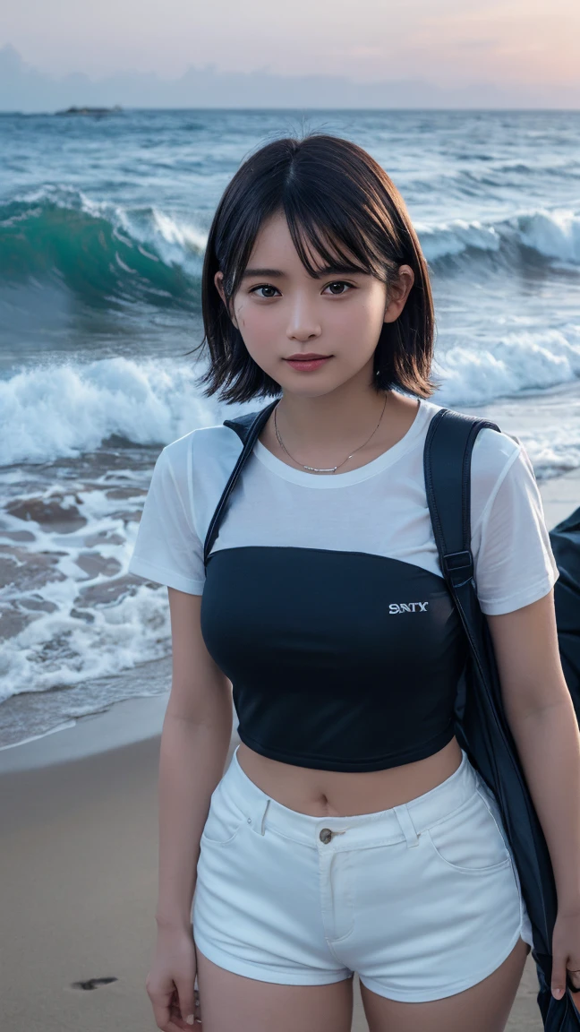 Highest quality, masterpiece, Ultra-high resolution, (Realistic:1.3), RAW Photos, (Nature landscape photography), (Majestic Ocean, Wave), (A very wide beach), (sunset), (One girl), (Upper Body), (20-year-old), (smile:0.9), (Shiny skin), (short hair, Dark brown hair), (White T-shirt), (Casual shorts), (Carry a large backpack on your back), (Ultra detailed face), (Super beautiful poop), (Highly detailed eyes), (Highly detailed nose), (Highly detailed mouth), (Very skilled hands), (Super-detailed body), Sony a7, 85mm lens, f9.0, Pan Focus