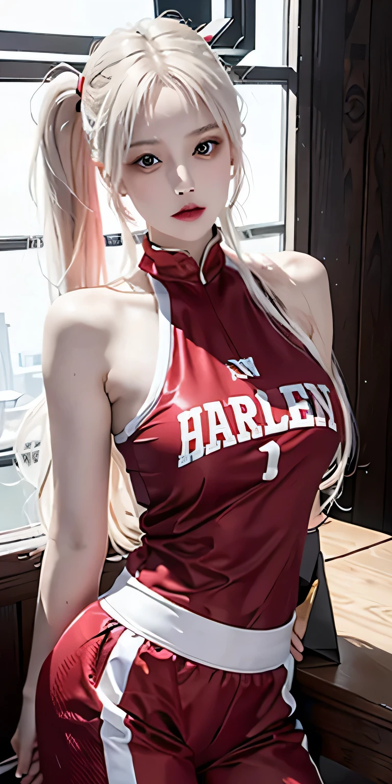 photorealistic, high resolution, soft light,1women, solo, hips up, (detailed face), jewelry, harley quinn, jewelry, tattoo, Red Basketball Uniform、Luxurious indoor sports stadium、basketball court