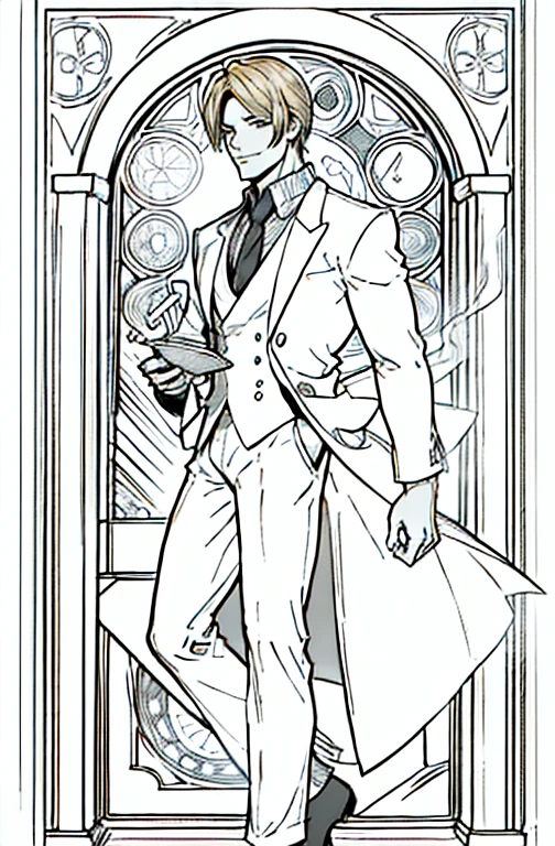 European man's portrait, full body picture, handsome man, straight short hair covering half his face, curly eyebrow, sanji, attractive, blonde, romantic frame, decorative panel. abstract, elegant beauty, gentle, kind, sweet, wearing suit, smoking cigarette, smoking, white suit, holding a plate of food, 
Art by Alphonse Mucha, sketch, character lines and scenes without colors and shadows.
(Masterpiece, Best Quality, Highres:1.4), Detailed, Intricate Details, 4K, color splashes, line art, fibonacci,  Sanji, sanjiop, sanji2, new, new style, side view, 3/4 view, 