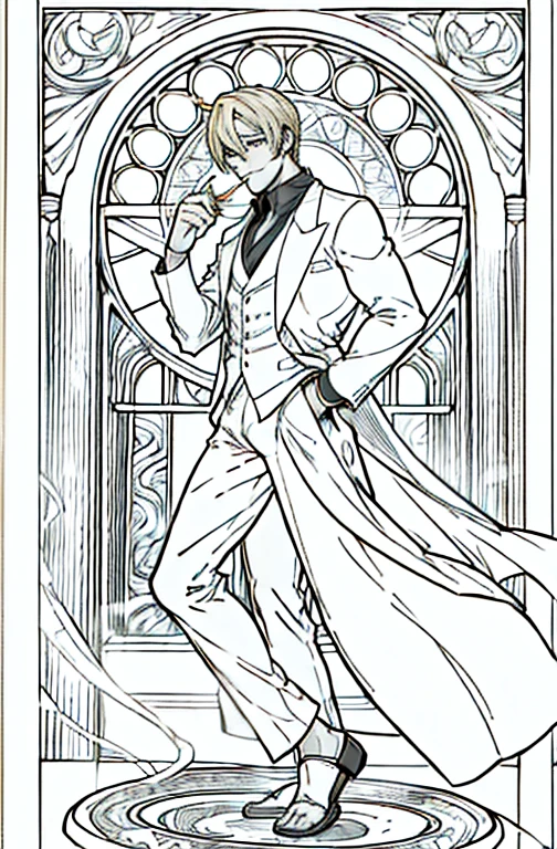 European man's portrait, full body picture, handsome man, straight short hair covering half his face, curly eyebrow, sanji, attractive, blonde, romantic frame, decorative panel. abstract, elegant beauty, gentle, kind, sweet, wearing suit, smoking cigarette, smoking, white suit, holding a plate of food, 
Art by Alphonse Mucha, sketch, character lines and scenes without colors and shadows.
(Masterpiece, Best Quality, Highres:1.4), Detailed, Intricate Details, 4K, color splashes, line art, fibonacci,  Sanji, sanjiop, sanji2, new, new style, side view, 3/4 view, 