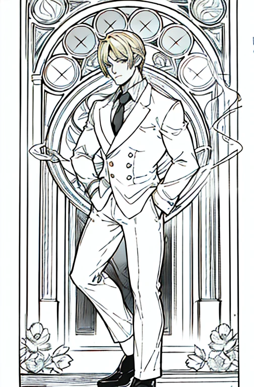 European man's portrait, full body picture, handsome man, straight short hair covering half his face, curly eyebrow, sanji, attractive, blonde, romantic frame, decorative panel. abstract, elegant beauty, gentle, kind, sweet, wearing suit, smoking cigarette, smoking, white suit, holding a plate of food, 
Art by Alphonse Mucha, sketch, character lines and scenes without colors and shadows.
(Masterpiece, Best Quality, Highres:1.4), Detailed, Intricate Details, 4K, color splashes, line art, fibonacci,  Sanji, sanjiop, sanji2, new, new style, side view, 3/4 view, 