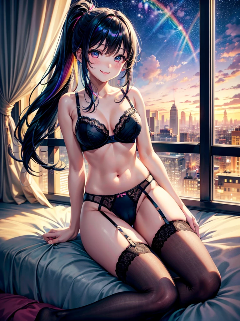 Highest quality,Highest Resolution,４K quality,Underwear looking at city night view outside large window in modern bedroom((Rainbow Gradient色))のsmileの女性の横顔,((Black hair ponytail)),Dark room,Sexy Lingerie,Many water drops on the window,garter belt,High leg,((Iridescent underwear)),Knee-high stockings,smile,Landscape,Colorful eyeballs,Small bra{((Underwear color))Rainbow Gradient,