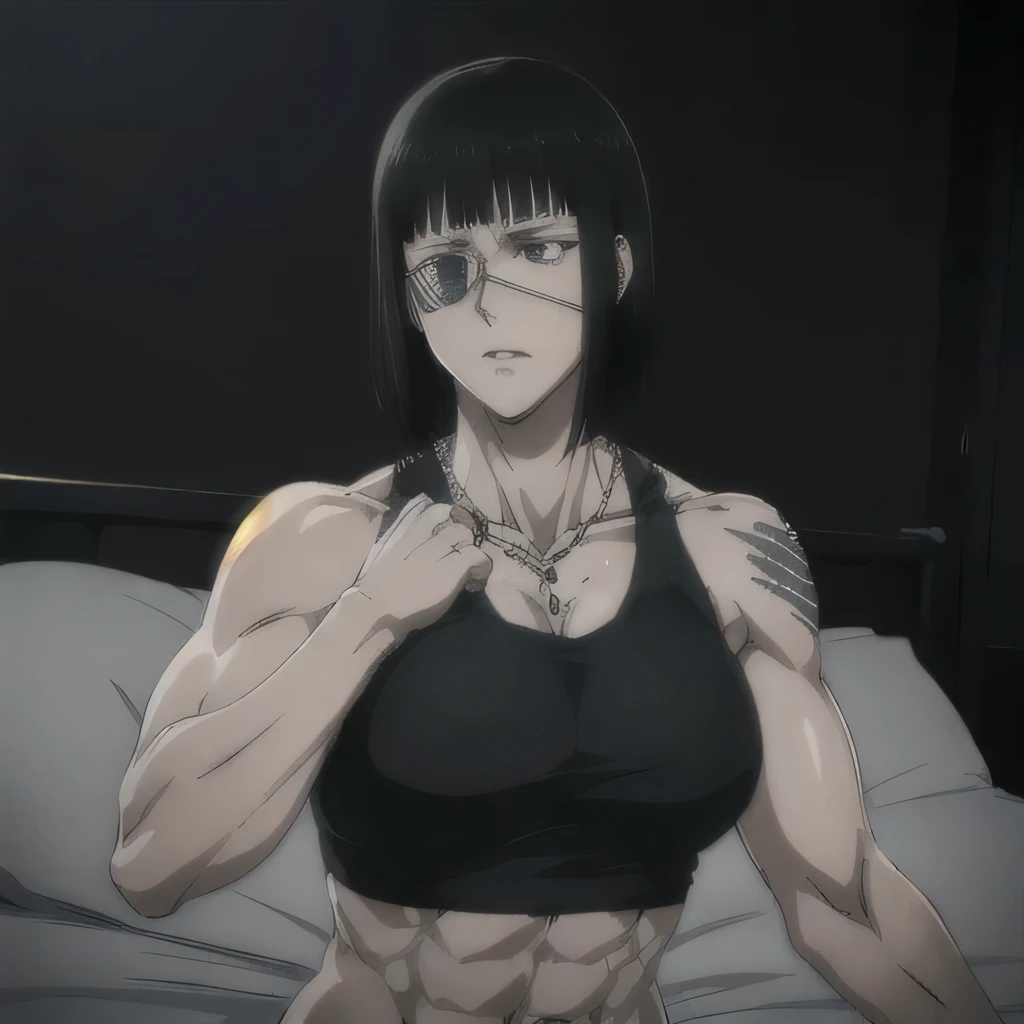 (best quality,ultra-detailed,realistic:1.37),musclaur badass girl with sculpted body have a tattoos ,full review of the female character face and body, intense expression, strong and confident posture, studio lighting, vivid colors, physiologically-based rendering, grungy texture, rugged background, dust particles in the air, commanding presence, professional, powerful, gritty aesthetics,Valmet،short hair,necklace,eyepatch,handsome look,gym,Body lifting,Valmet prime muscles,fighting pose,wearing black sport tank top and black gym short,Shining muscles,veins in muscles,1girl,six-pack,perfect muscles,1girl,bedroom,lying on bed,sleeping