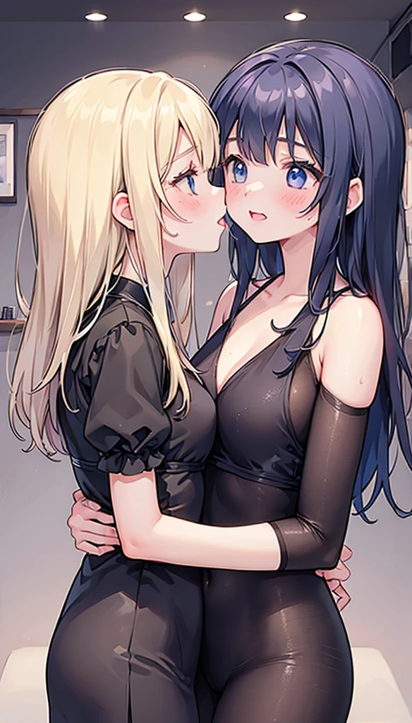 (((Two girls kissing and touching each other&#39;s crotches on the bed)))watercolor, masterpiece, Highest quality, Very detailed, Two girls kissing, whole body, Beautiful fine details, Cute anime face, whole body, Beautifully detailed face, Long blonde hair, (Lesbian illustrations:1.5), White sheer frill dress,(((nsfw)))(((naked)))　I can see your crotch　Artemis　Venus