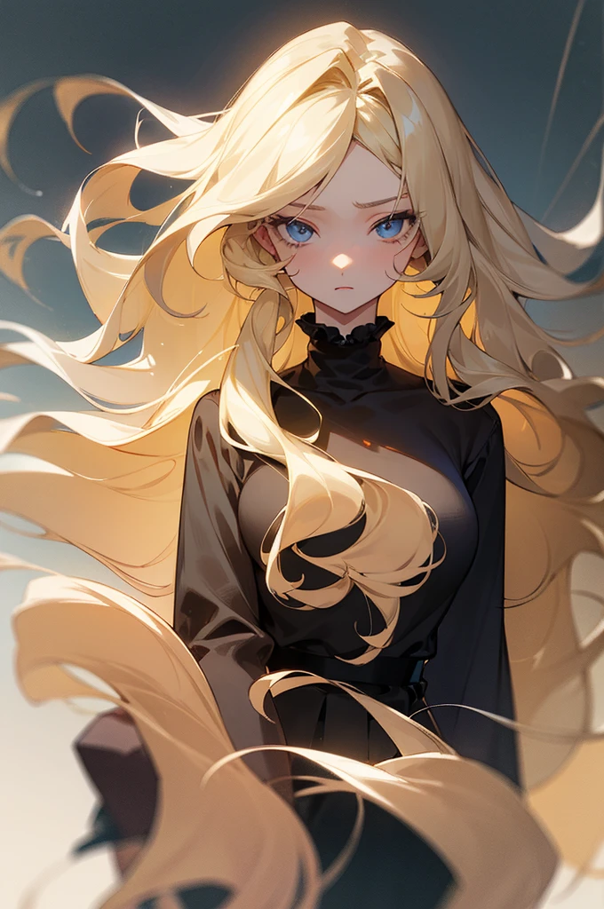 (masterpiece), best quality, expressive eyes, perfect face, blonde, femme, cold hearted, fem. soft colored clothing modern attire, mean, anime, mute, rotted personality, long wavy hair, adult, older woman, clean cut, idol, polished, very long and big hair, stunning, hair away from face