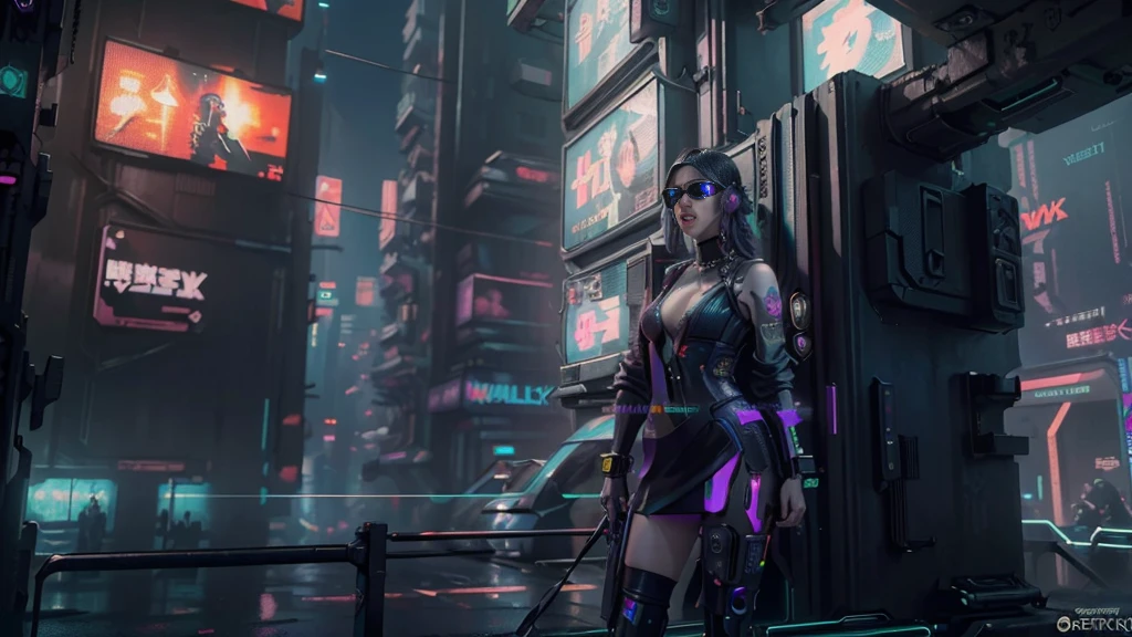 masterpiece, best quality, high resolution, 8k, (Portrait Photos:1.5), (R Original Photo), real picture, Digital Photography, (A fusion of cyberpunk and fantasy), 20 year old girl, solo, (((black sunglasses))), Feel free to hairstyle, Purple Eyes, By Bangs, (large breasts, cleavage, Accessories, Elegant and charming, Combination of cyberpunk and fantasy style clothing, Hollow carving design, Photo poses, Realistic style, oc render reflection texture, sentry, (((((Cyberpunk style future city))))), night, Bustling streets, (((((half-body (thigh level) medium shot))))), Medium distance photography