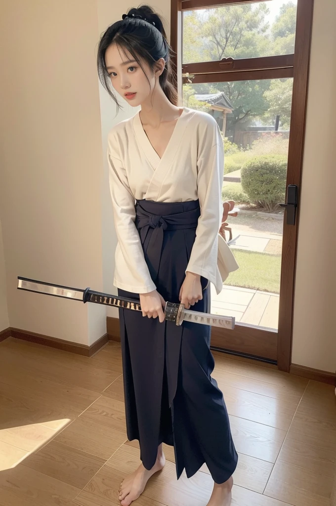 (((best quality))),(((ultra detailed))),(((masterpiece))),illustration,1girl,solo,short ponytail,slim,thin,small breasts,flat chest,white collar,white kendogi,three-quarter sleeves,maxi navy-blue kendo hakama,slender legs,standing in kendodo gym,(holding a wooden samurai katana in hand:1.3),arms behind back,focused and determined expression,ready for challenge,slender and elegant face,confident and resilient,fair skin,blush,neat teeth,bright smile,clean and tidy uniform,wooden gym floor,wall,pine scent,standard grip,ready to slice through obstacles,strong belief,determination,spirit of resilience,admiring,from front,full body,bare feet