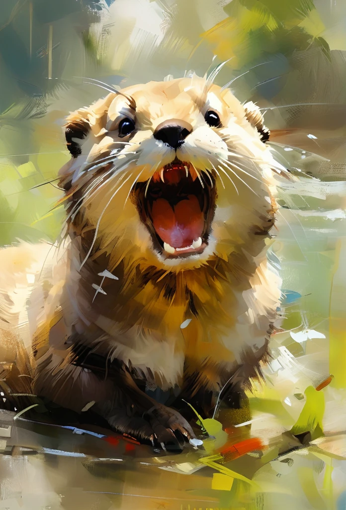 a painting of an otter with its mouth open, popular on art station, laughter and screaming face, the artist has used bright, by Peter Rockwell, digital photo, exaggerated expression, close to the camera, cheerful, whiskers, smiling at the viewer, by Suzy Rice, watercolor, oil and watercolor painting