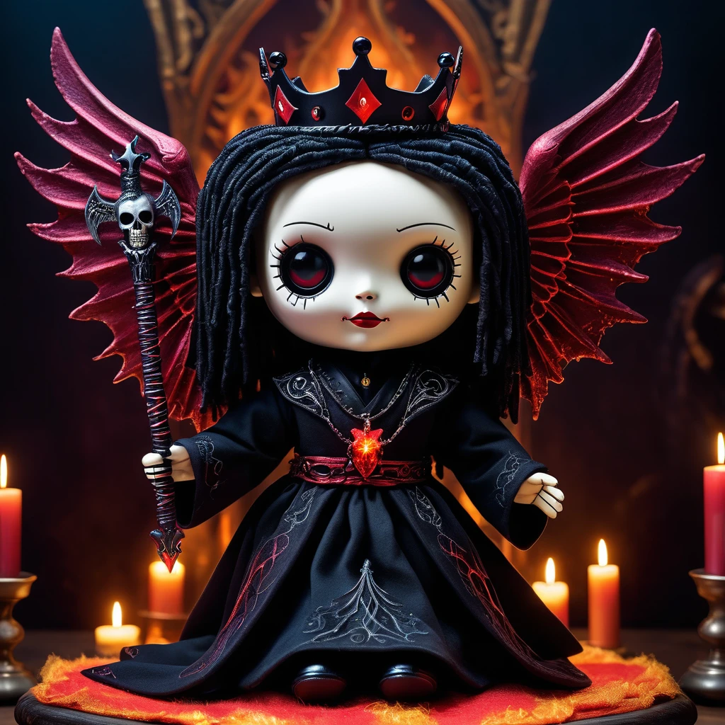 (knitted toy voodoo doll:1.2), (Voodoo Lucifer:1.3), (Clothing: elegant dark robes with ethereal accents:1.0), (Accessories: enchanted trident, glowing crown, magical beautiful wings:1.2), (background: gothic infernal throne room with floating embers, glowing mystical light, and shadowy atmosphere:1.2), best quality, masterpiece, detailed soft oil painting, detailed background, dramatic cinematic lighting, soft edge lighting, professional, dramatic lighting, hard edge lighting, ultra quality, 4k, masterpiece, best quality, 8k, ultra high definition, high resolution, extremely detailed