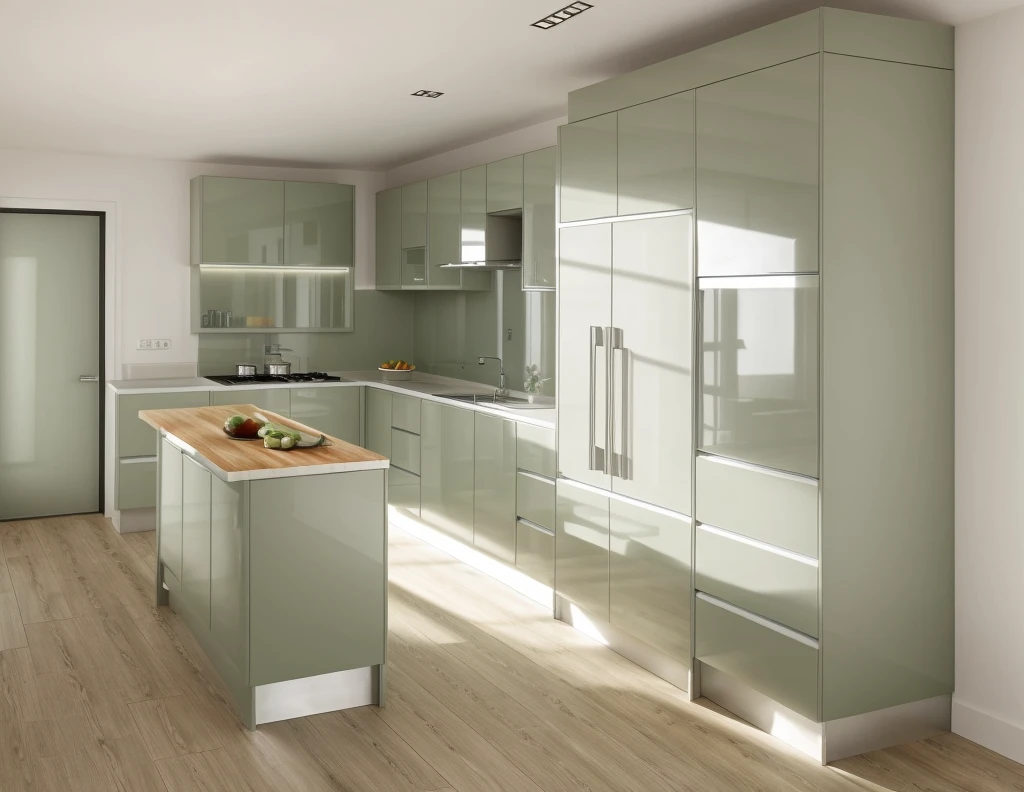 kitchen interior, modern style, light army green and legato cabinet, neutral color scheme, beautiful lighting, glazing door, sink, silver fridge, timber floor, (realistic:1.2), Raw photo,Masterpiece, high quality, best quality, authentic, super detail,