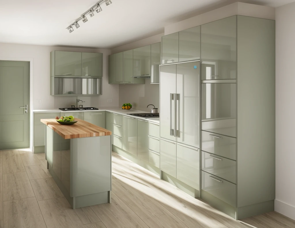 kitchen interior, modern style, light army green and legato cabinet, neutral color scheme, beautiful lighting, glazing door, sink, silver fridge, timber floor, (realistic:1.2), Raw photo,Masterpiece, high quality, best quality, authentic, super detail,