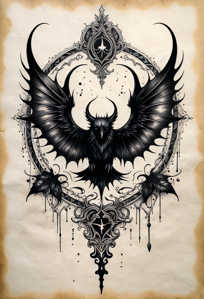 Ink and black illustration on parchment. Corvo com asa fechada e olhar agressive. tattoo's. Gothic aesthetic. agressive.
