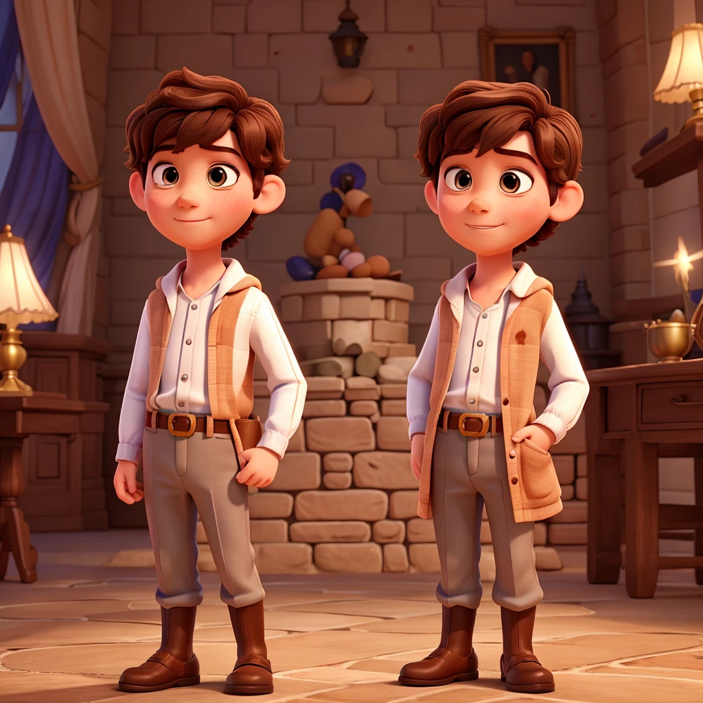 Pixar image of a boy dressed as a prince, with a royal castles background, brown hair,.castrated eyes, with image for graduation