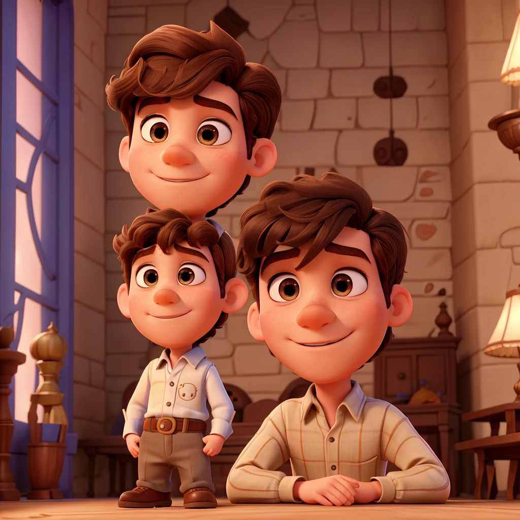 Pixar image of a boy dressed as a prince, with a royal castles background, brown hair,.castrated eyes, with image for graduation