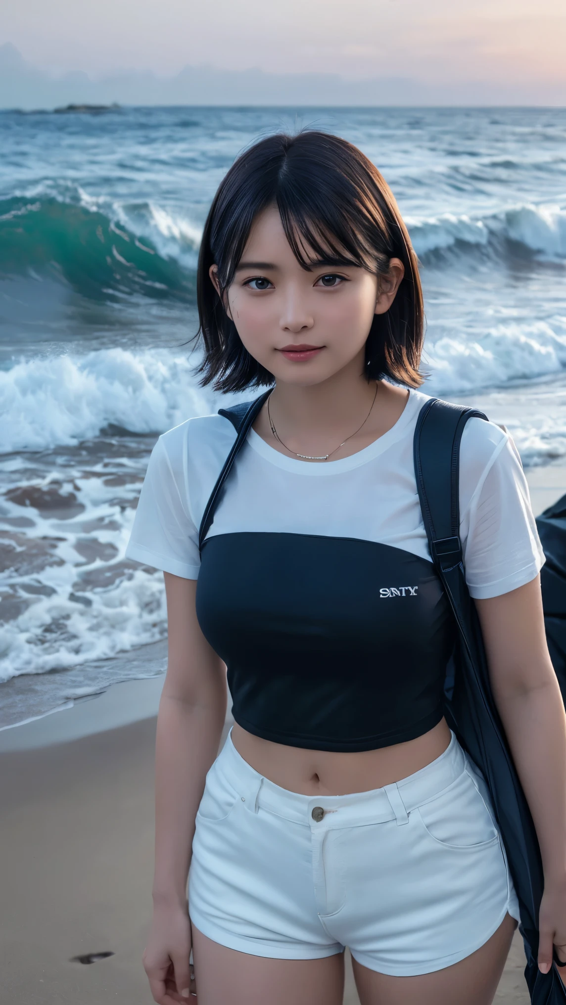 Highest quality, masterpiece, Ultra-high resolution, (Realistic:1.3), RAW Photos, (Nature landscape photography), (Majestic Ocean, Wave), (A very wide beach), (sunset), (One girl), (Upper Body), (20-year-old), (smile:0.9), (Shiny skin), (short hair, Dark brown hair), (White T-shirt), (Casual shorts), (Carry a large backpack on your back), (Ultra detailed face), (Super beautiful poop), (Highly detailed eyes), (Highly detailed nose), (Highly detailed mouth), (Very skilled hands), (Super-detailed body), Sony a7, 85mm lens, f9.0, Pan Focus