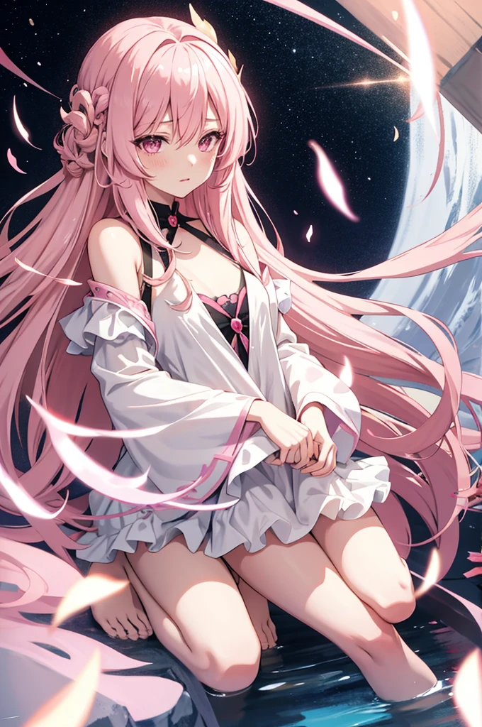 solo, 1girl, mature anime female, light pink hair, long hair, dark pink eyes, subtle blush, love goddess, sundress