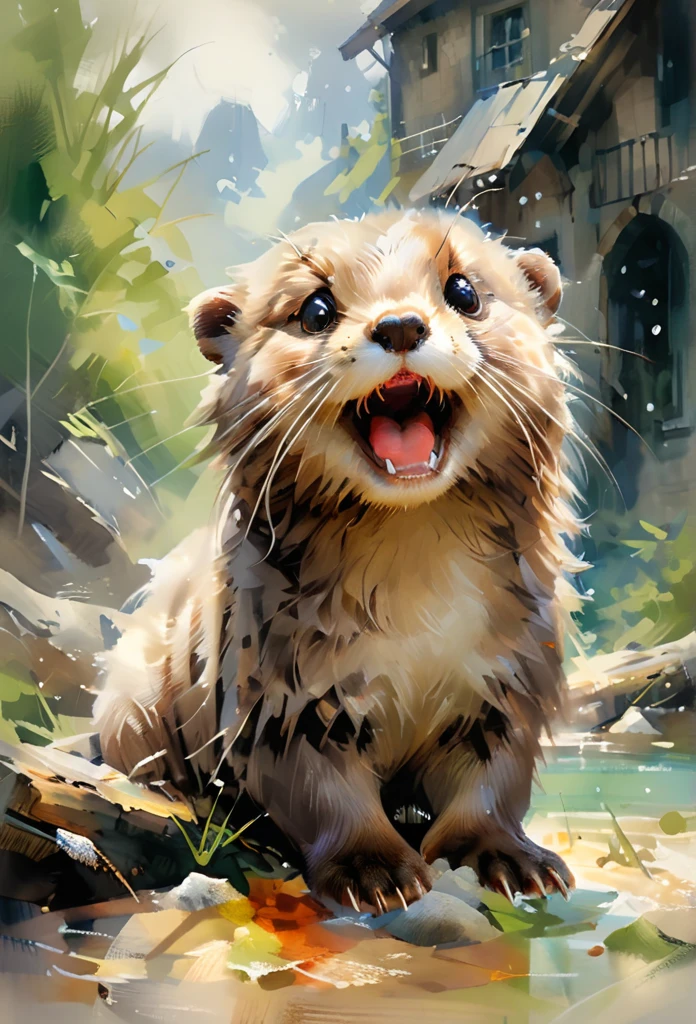 a painting of an otter with its mouth open, popular on art station, laughter and screaming face, the artist has used bright, by Peter Rockwell, digital photo, exaggerated expression, close to the camera, cheerful, whiskers, smiling at the viewer, by Suzy Rice, watercolor, oil and watercolor painting
