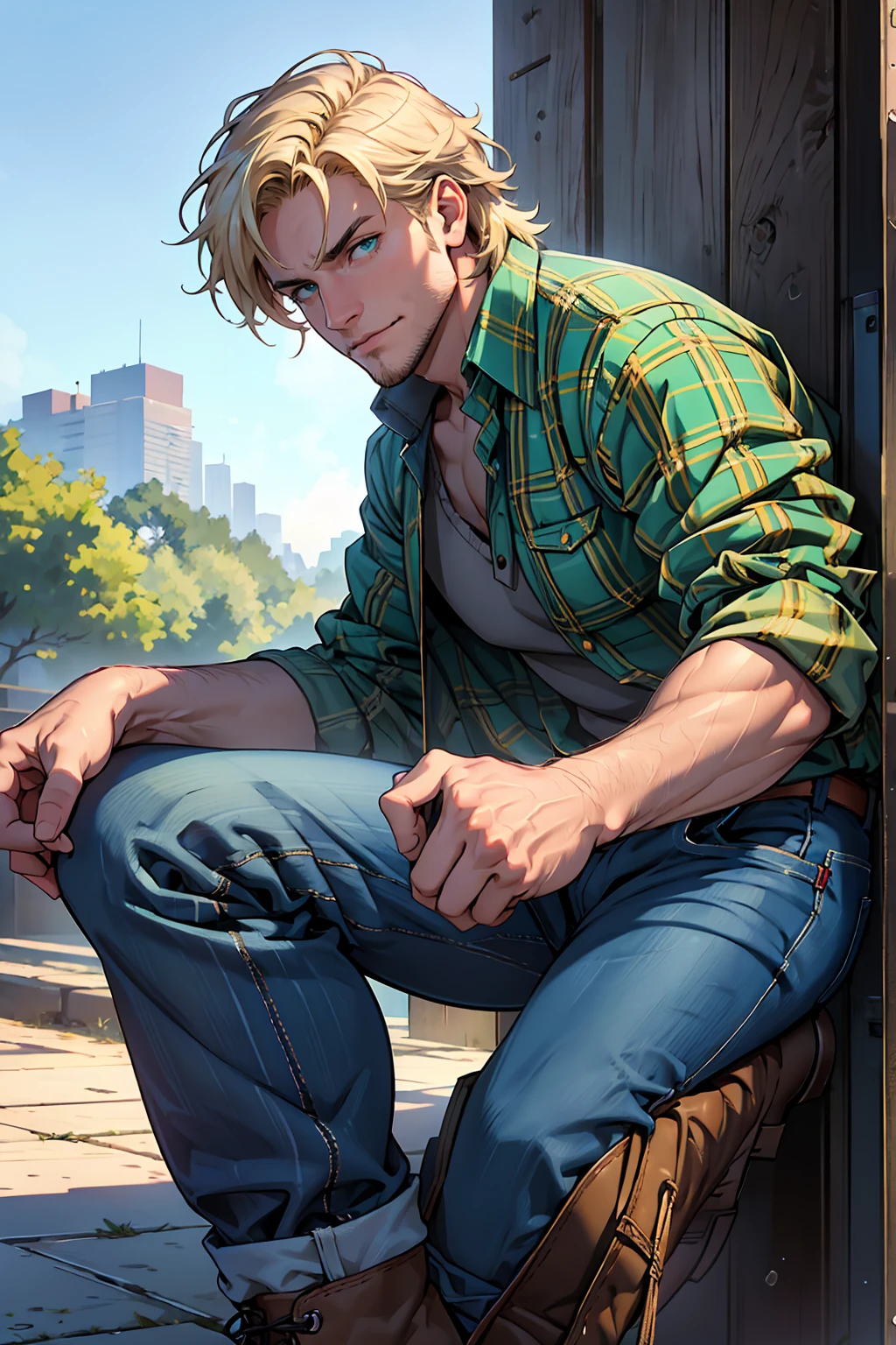 (masterpiece:1.2), (best quality), (ultra detailed), (8k, 4k, intricate),(full-body-shot:1), (highly detailed:1.2),(detailed face:1.2), (detailed background),detailed landscape, (dynamic angle:1.2), (dynamic pose:1.2), a caucasian male wearing country clothing that stands at 6'1"ft, 180lbs.

Has a medium build with a bit of muscle, shaggy blonde hair, emerald blue green eyes, a bit of stubble.

And mostly dresses up in casual attire, red or blue plaid shirt, baggy jeans, old work boots.