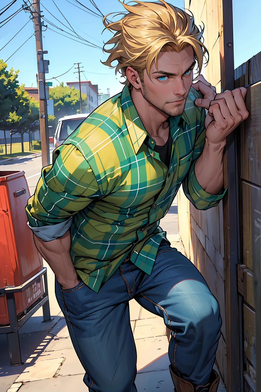 (masterpiece:1.2), (best quality), (ultra detailed), (8k, 4k, intricate),(full-body-shot:1), (highly detailed:1.2),(detailed face:1.2), (detailed background),detailed landscape, (dynamic angle:1.2), (dynamic pose:1.2), a caucasian male wearing country clothing that stands at 6'1"ft, 180lbs.
Has a medium build with a bit of muscle, shaggy blonde hair, emerald blue green eyes, a bit of stubble.
And mostly dresses up in casual attire, red or blue plaid shirt, baggy jeans, old work boots.