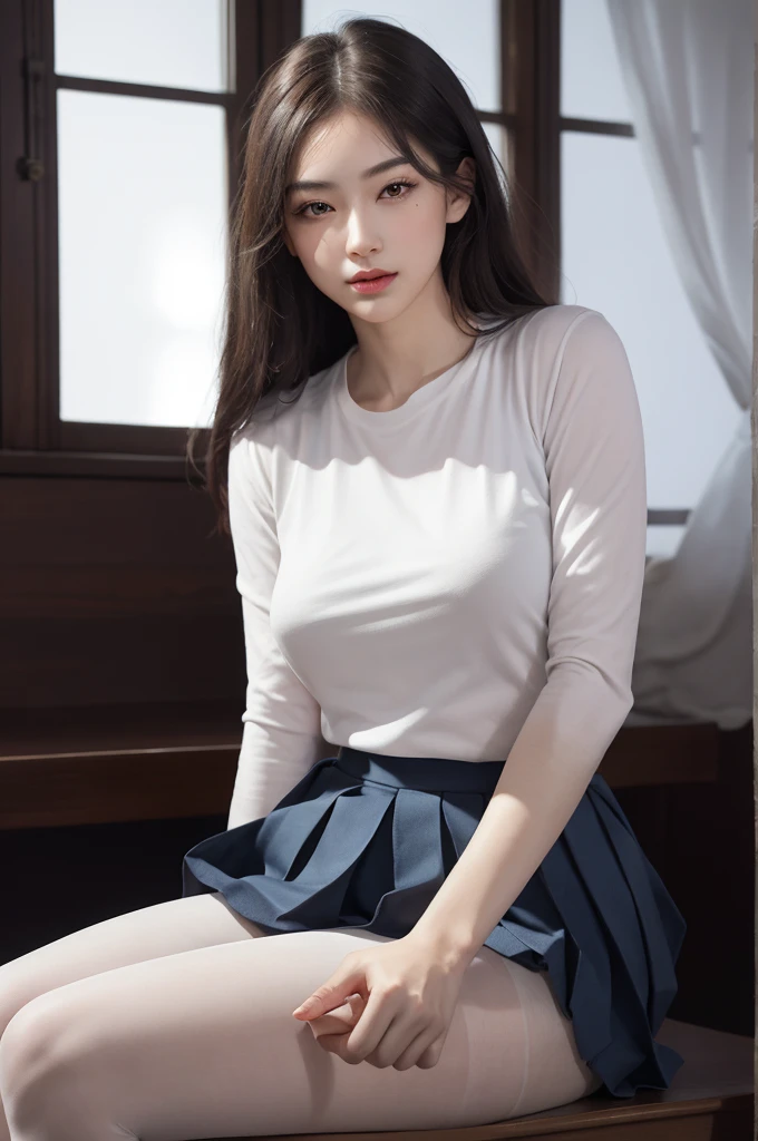 Ultra-realistic 8K CG，s the perfect face，flawless perfection，Ren，tmasterpiece，professionalartwork，famousartwork，s the perfect face，beauitful face，beautidful eyes，（（Perfect female body）），独奏，（immersiveatmosphere，lightand shade contrast：1.5，Bright light:1.2,lumnious),,(Blushlush:0.5),Enchanting expression,Ultimate detail_The eye,（huge tit）,Exquisite background,depth of fields,photorealestic:1.3,Faraway view,1girll,The shirt,pleatedskirt,school uniform，Sit Pose，full bodyesbian，（ambient lights：1.3），（cinematic compositions：1.3），（neonlight：0.1），（hdr：0.1），emphasis lighting，lacepantyhose，tiese