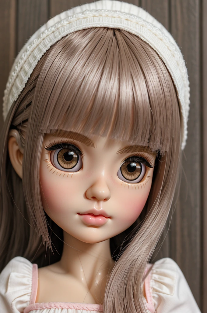 Create a blythe doll with cute features, White skin, long black straight hair, light brown eyes, parts, long eyelashes and pink lips