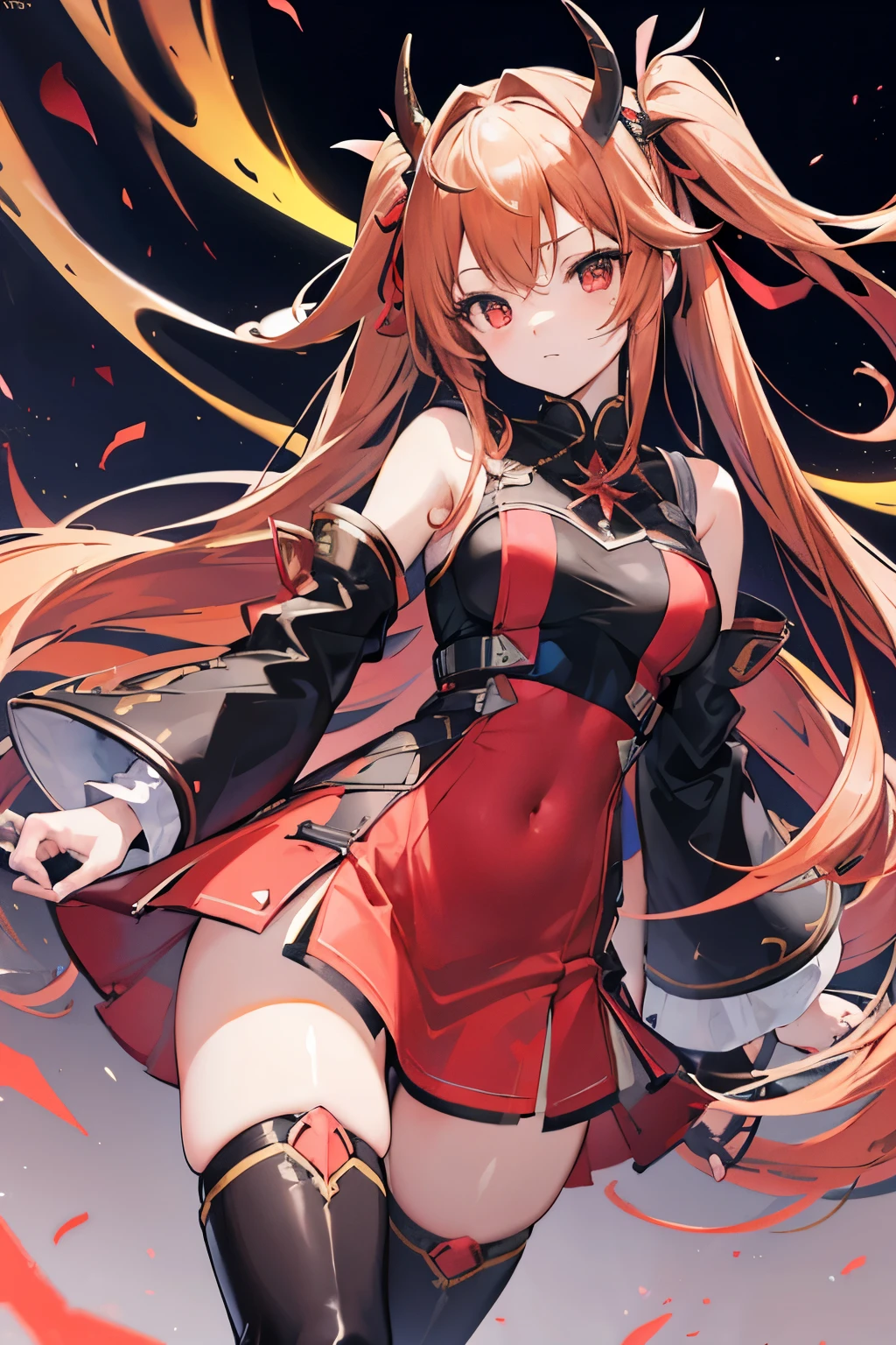 (hyper extreme detailed),(masterpeace),(hyper extreme),(photorealistic),CG,(colour:1.2), beautiful lighting,light from the front,rating:safe,solo, haruna,four horns,brown_hair,twintails,long_hair,red eyes,hair_ornament,zettai_ryouiki,thigh_boots,short_dress,wide_sleeves,black pants,