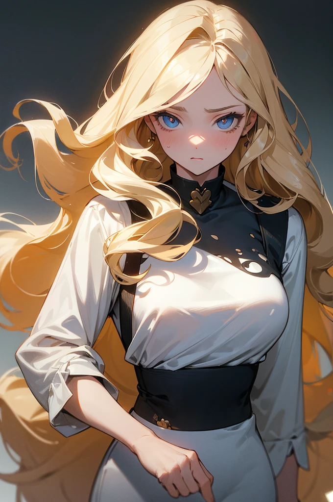(masterpiece), best quality, expressive eyes, perfect face, blonde, femme, cold hearted, fem. soft colored clothing modern attire, mean, anime, mute, rotted personality, long wavy hair, adult, older woman, clean cut, idol, polished, very long and big hair, stunning, hair away from face,hair is tamed and still