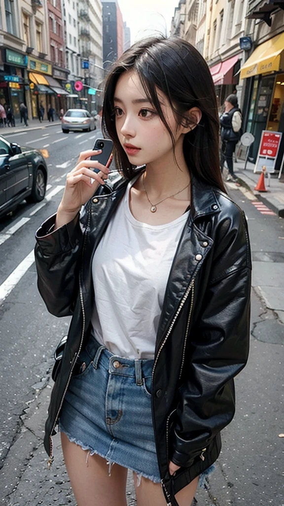 Beautiful woman, fiddling with cell phone in the middle of the street, short clothes
